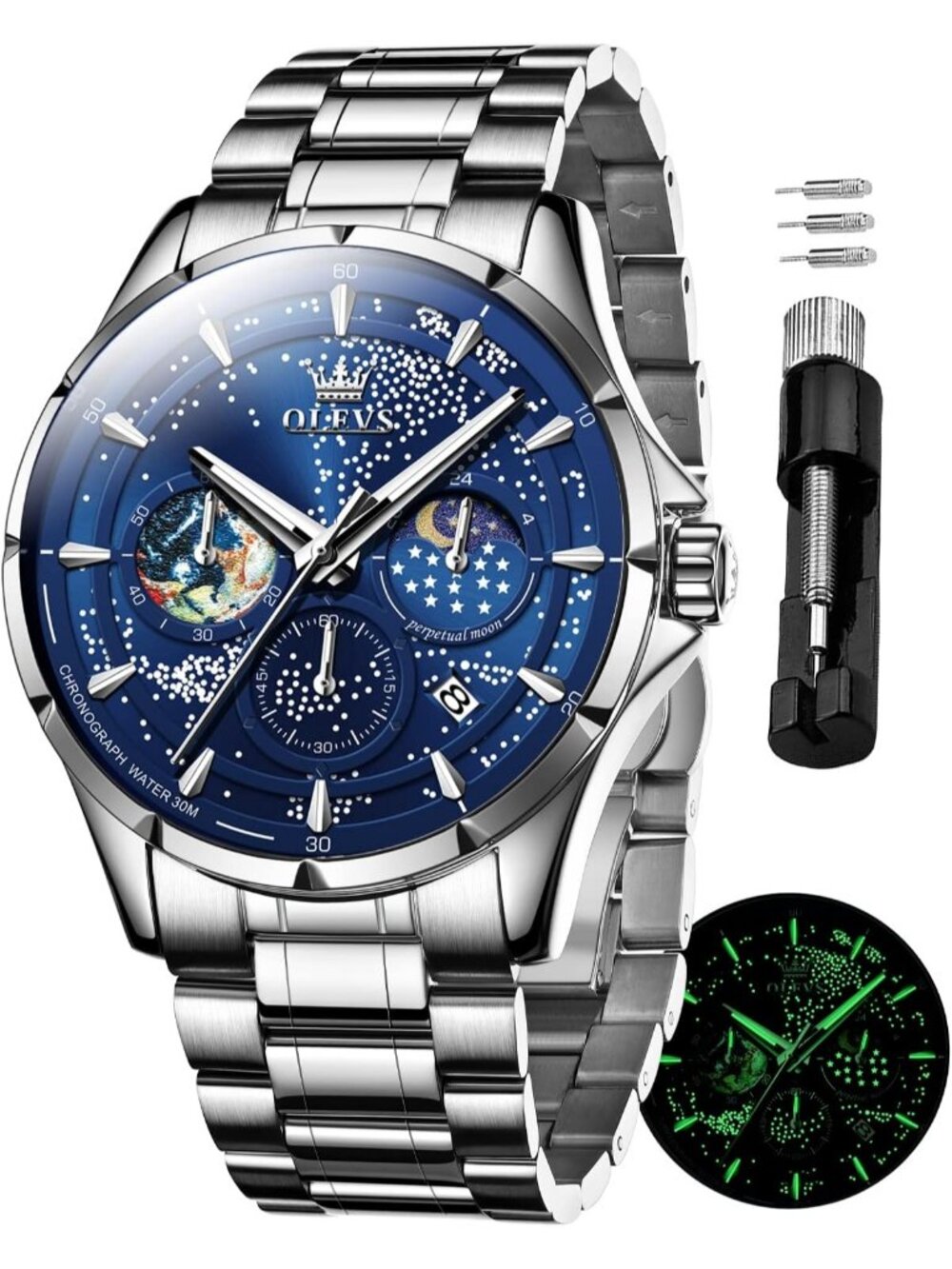 Men's Silver Band Blue Dial Starry Sky Moon Phase Dial Luxury Analog Wristwatch